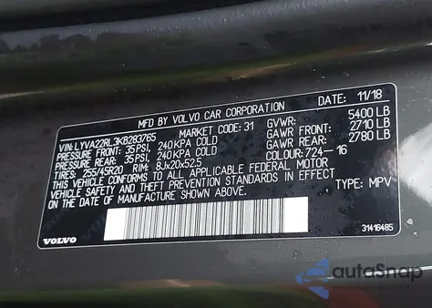 2019 Volvo Xc60 T6 Inscription from USA, damaged, VIN LYVA22RL3KB283765